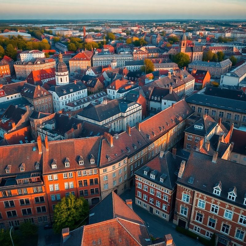 Widok z lotu ptaka na dzielnicę Wrocławia o złotej godzinie